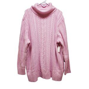 Essentials 3X Pink Cable Knit Turtleneck Sweater Womens Plus Size Cozy Pullover